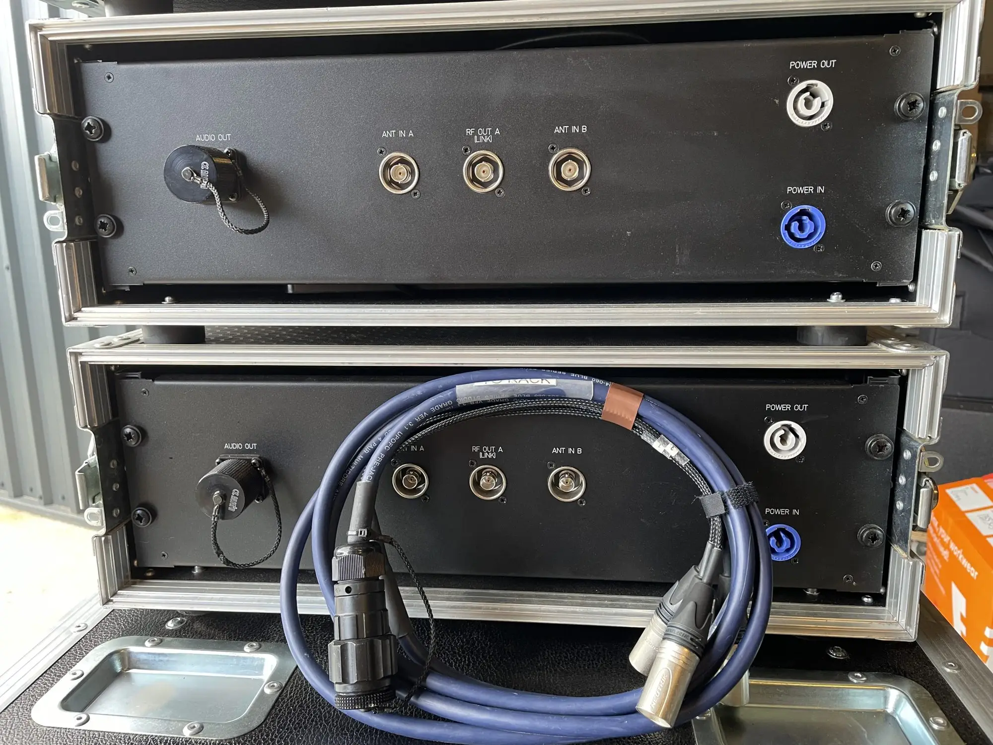 Wireless microphone rack ready for hire in the Loud Hire warehouse