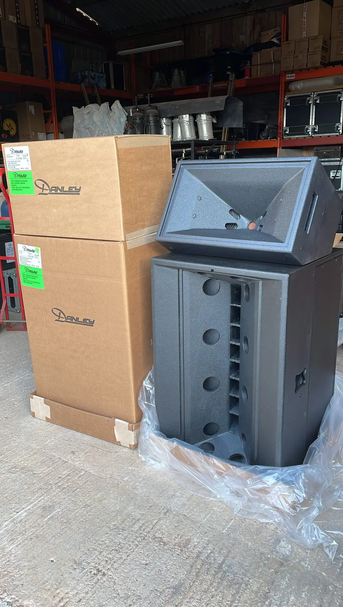 Danley J7 loudspeaker and SH95HO fill freshly unboxed in the Loud Hire warehouse