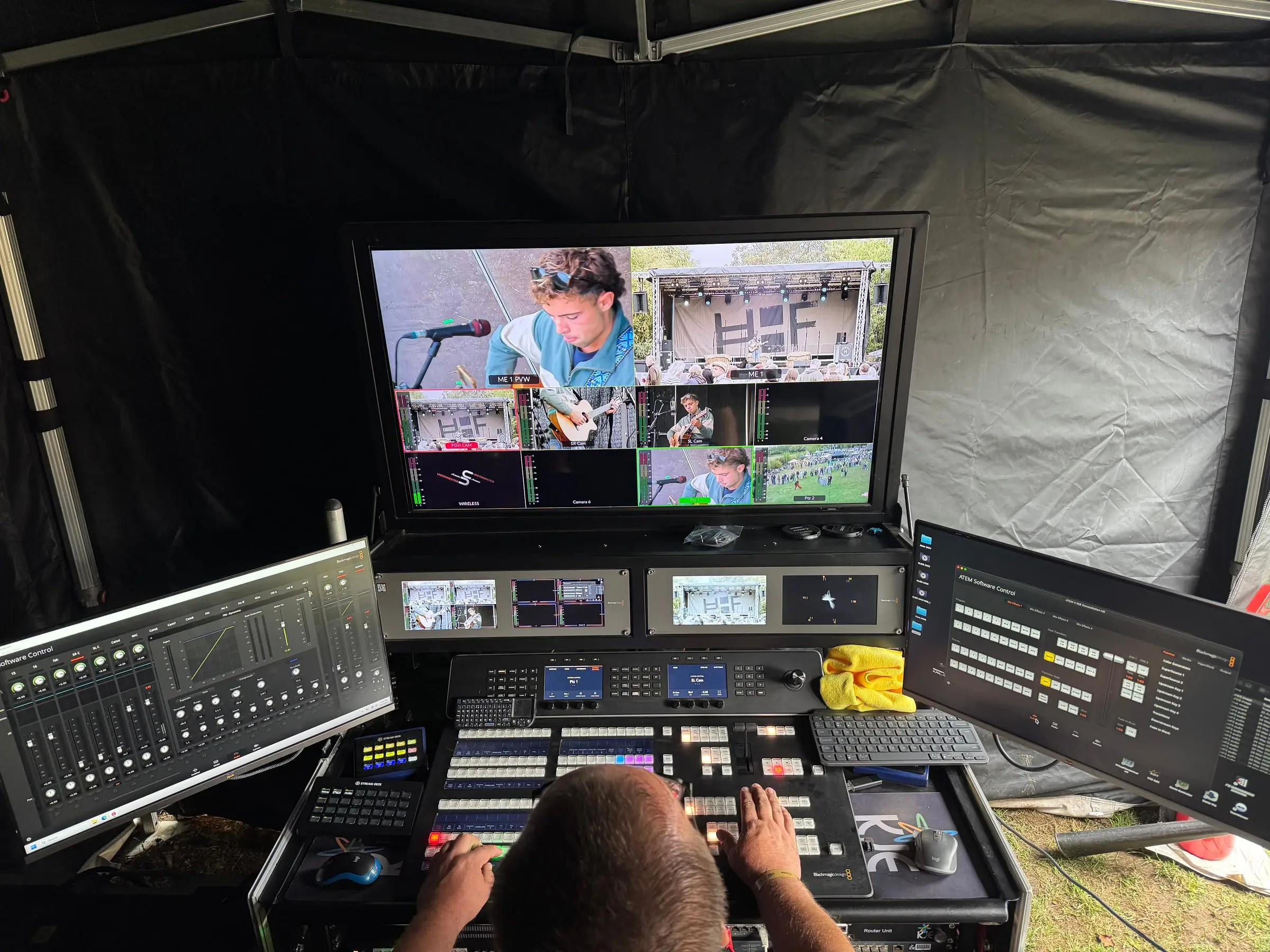 Video operator monitoring live camera feeds and graphics at the production desk