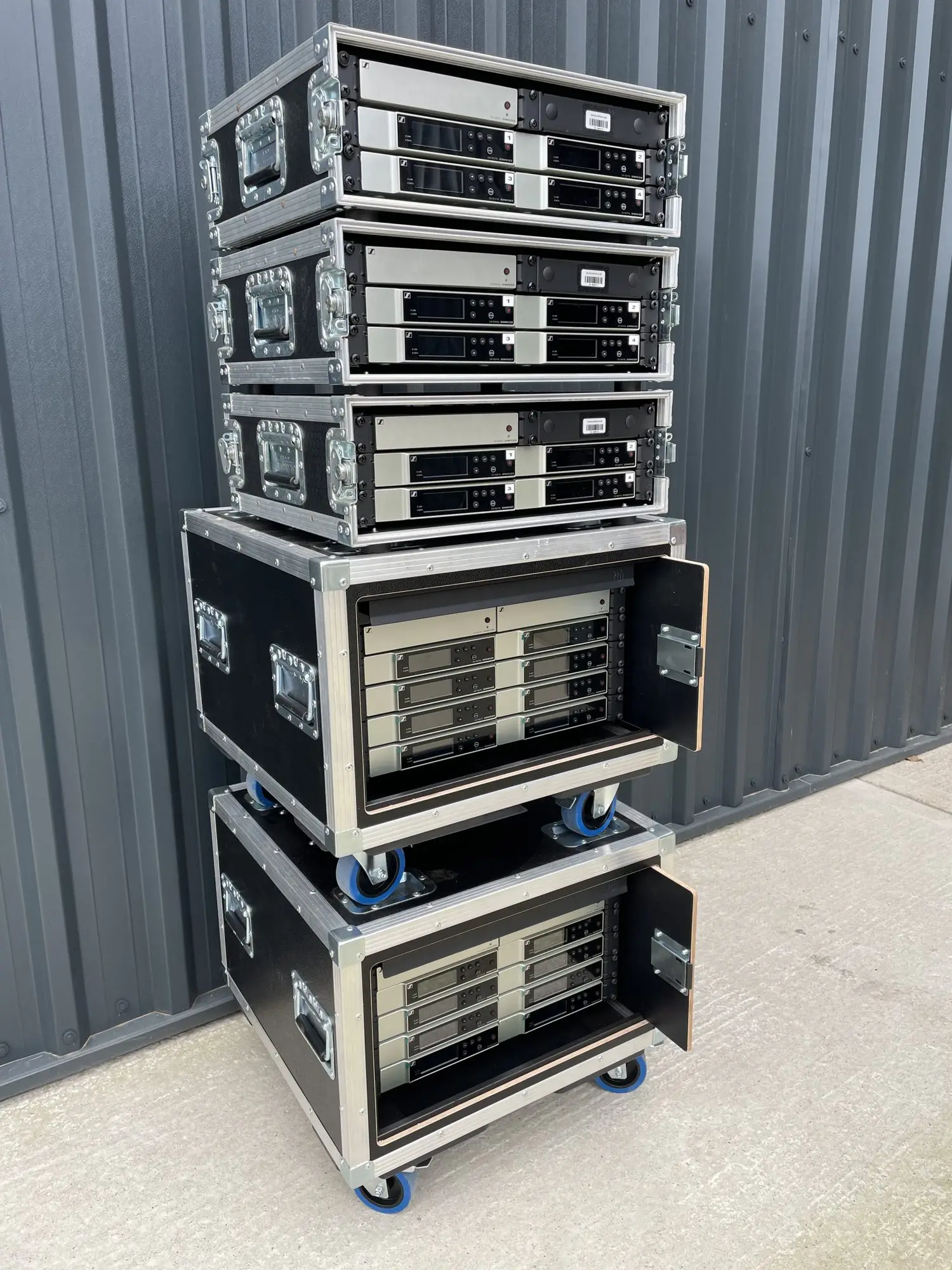 Eight-way Sennheiser wireless microphone receiver rack in a flight case