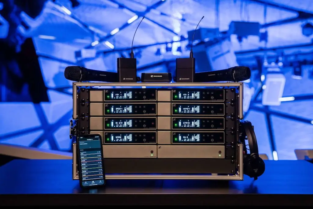 Sennheiser EW-D receiver racks stacked in flight cases